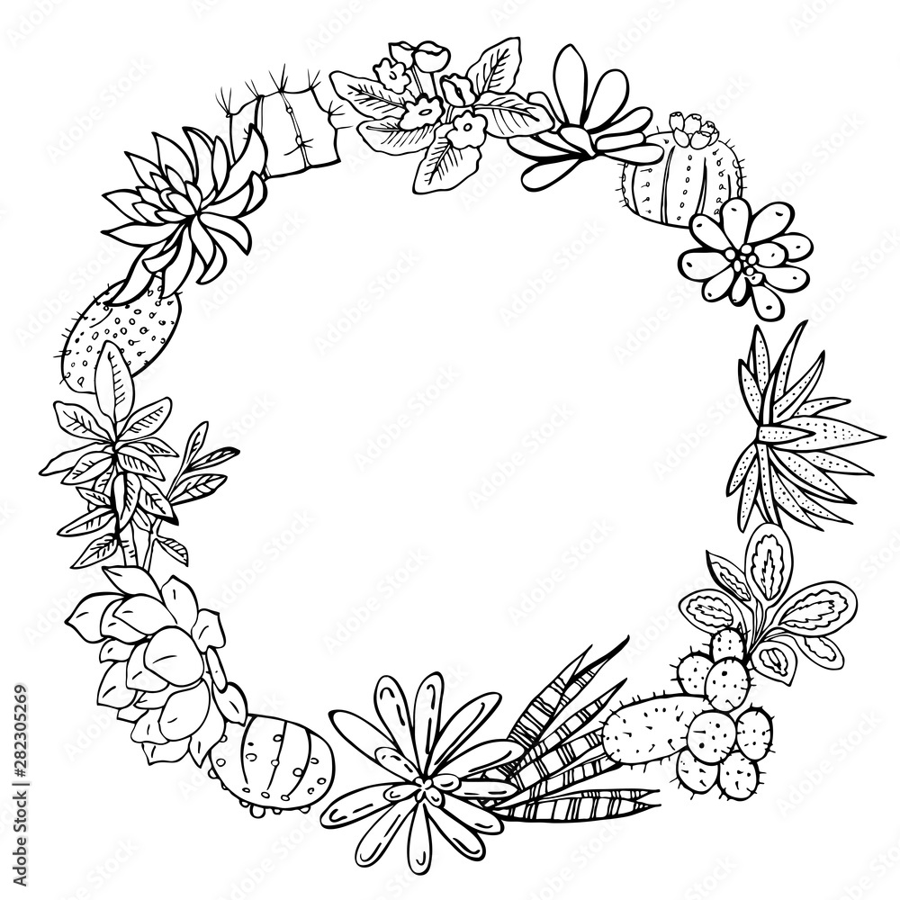 Round frame with houseplants, cactuses and succulents. Vector hand drawn outline sketch illustration Round frame with houseplants, cactuses and succulents. Vector hand drawn outline sketch illustration