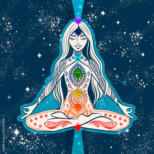 Vector girl seating in meditation with chakras. Design for yoga mat, tshirt