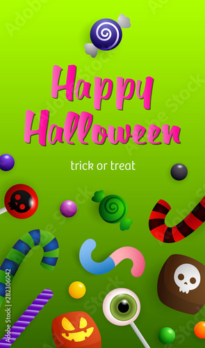 Happy Halloween lettering with sweets, dragee and lollipops