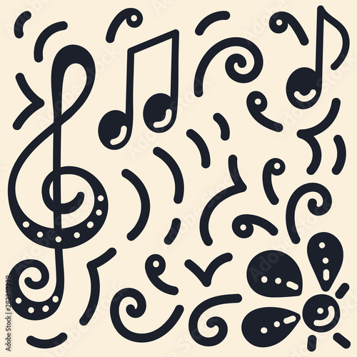 Doodle style, bright colored notes, violin key, flowers. Template design