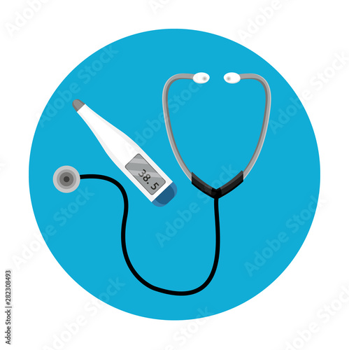 black stethoscope, thermometer. 