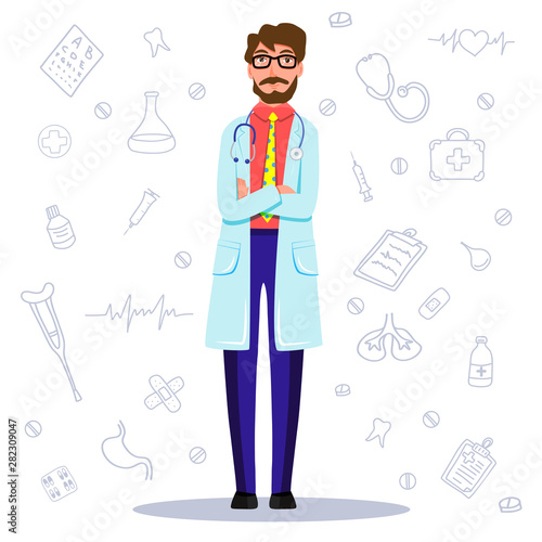 Adult chief doctor administrator male man. Vector flat illustration color on white background with cardiology, surgery tools object icons: heart cardiogram, pills, stethoscope, medical prescription