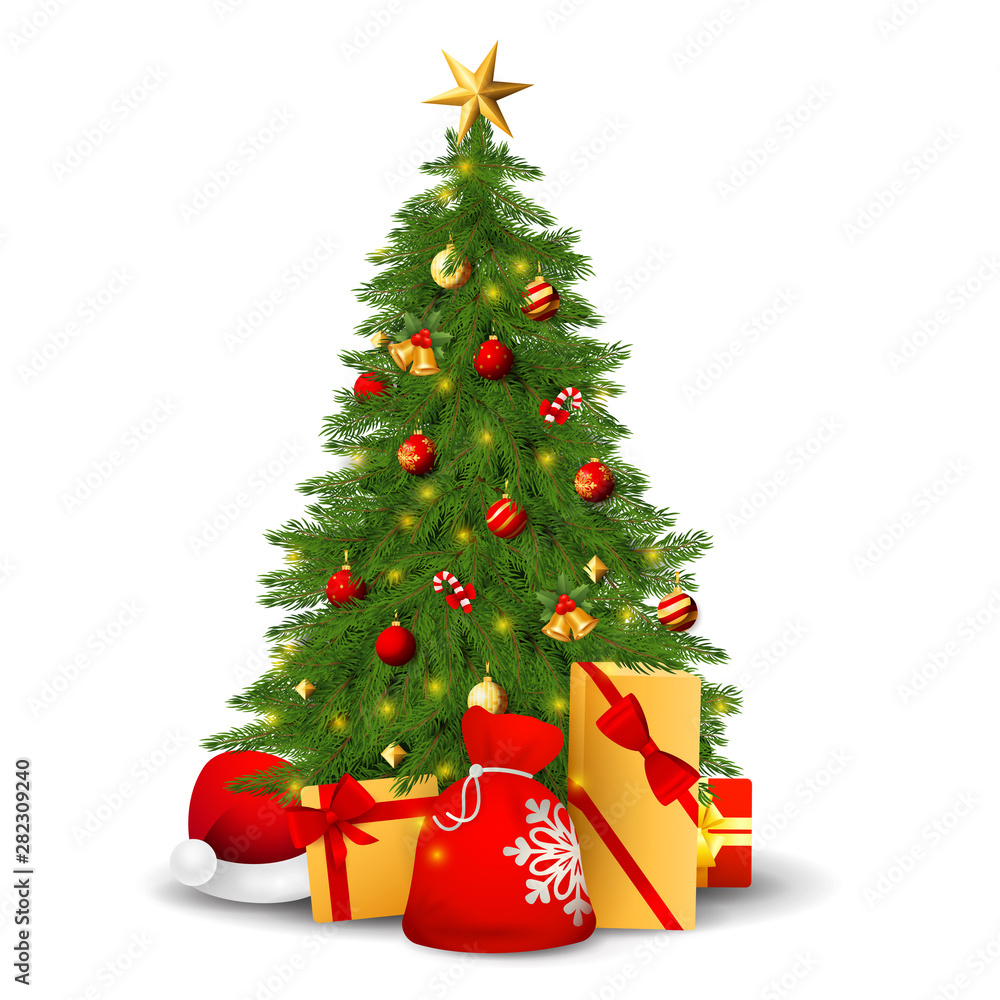 Fir tree with decorations, presents and Santa hat vector