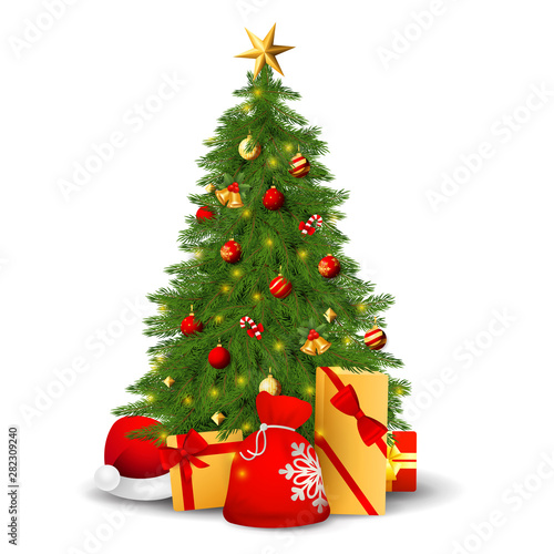 Fir tree with decorations  presents and Santa hat vector