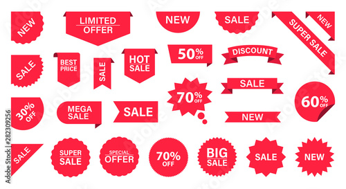 Sale Label collection set. Sale tags. Discount red ribbons, banners and icons. Shopping Tags. Sale icons. Red isolated on white background, vector illustration. photo
