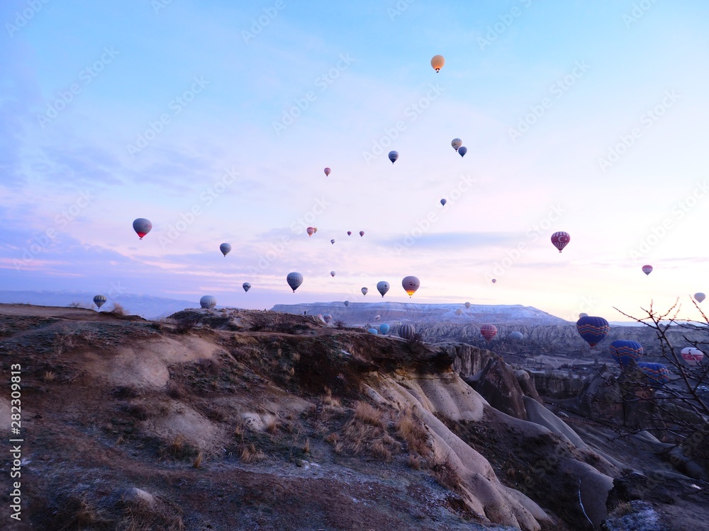 Cappadocia hot air balloon view in dawn, Turkey