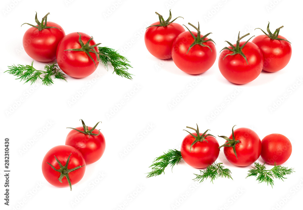 Red tomatoes on a white background. A group of tomatoes with herbs on a white background. Red tomatoes on a white background. A group of tomatoes with herbs on a white background.