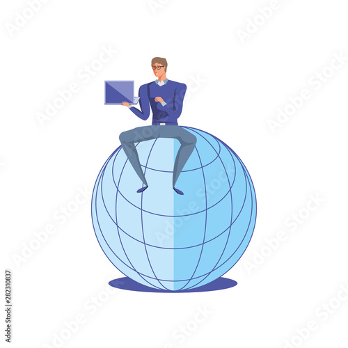 business man sitting in sphere browser with laptop