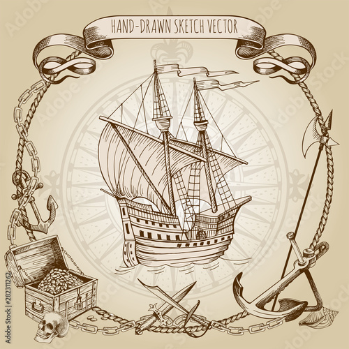 Adventure stories. Pirate background. Vintage border frame. Old caravel, vintage sailboat. Cannon, ghost ship, shipwreck, sea battle