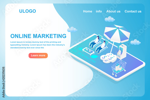 Online marketing business money and financial landing page concept. Isometric 3d of smart phone, store, ATM, Shopping bag, dollar coins isolated on blue background. 