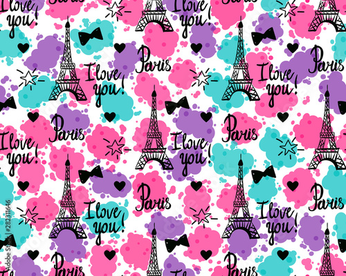 Wide Seamless pattern with inscription Paris I love you. Vector Illustration black ink Eiffel Tower