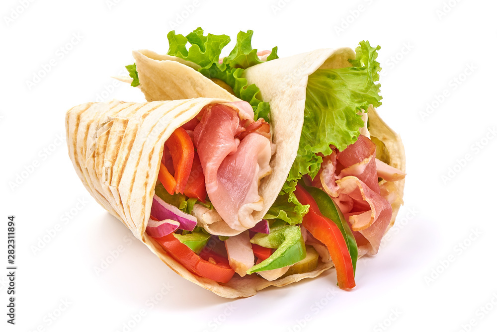 Tortilla wrap with jamon and vegetables, isolated on white background Tortilla wrap with jamon and vegetables, isolated on white background