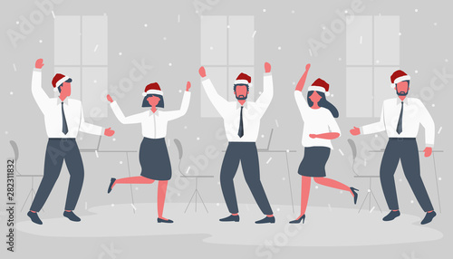 Office workers are celebrating the Christmas. Happy employees in Santa's hats are dancing. Business people in the gray office room. Funky flat style. Vector illustration