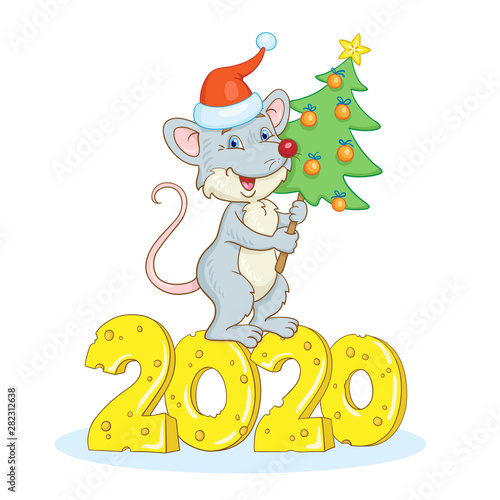 Funny gray rat - a symbol of the new year stands with a Christmas tree in his hands. Under rat a number 2020, carved from cheese. In cartoon style. Isolated on a white background.