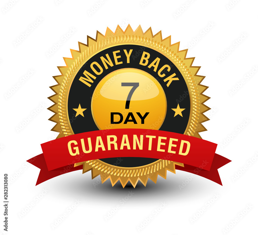 Top quality golden 7 day money back guaranteed banner, sticker, tag, icon, stamp, label, sign with red ribbon on top, isolated on white background. Top quality golden 7 day money back guaranteed banner, sticker, tag, icon, stamp, label, sign with red ribbon on top, isolated on white background.