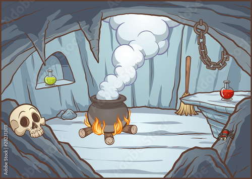 Cartoon witch cave background with cauldron and potions