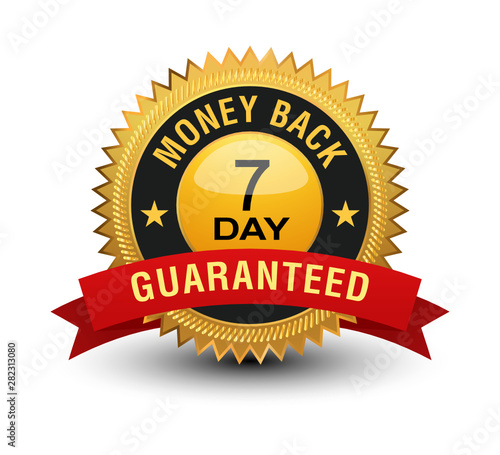Top quality golden 7 day money back guaranteed banner, sticker, tag, icon, stamp, label, sign with red ribbon on top, isolated on white background.