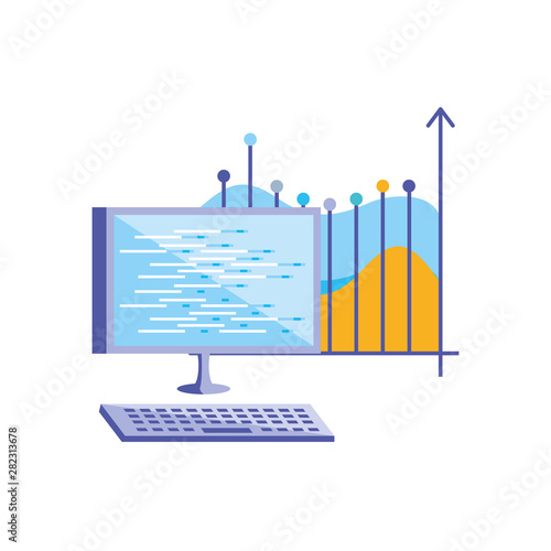 desktop computer with statistical graphics infographic