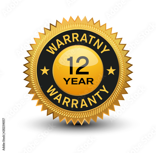 Top quality golden 12 year warranty banner, sticker, tag, icon, stamp, label, sign, isolated on white background.