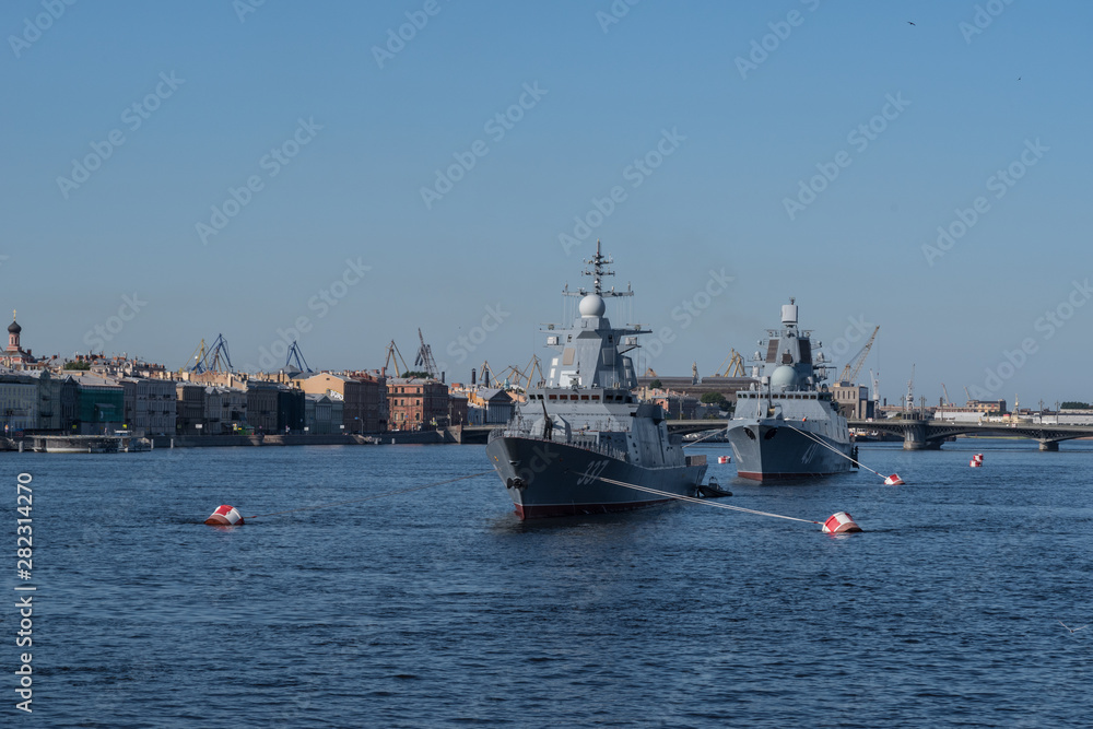 Naval parade on Day of the Navy of Russia. Military destroyer on the Neva Sankt-Petersburg. Russia.
