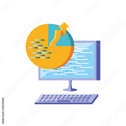 desktop computer with statistical graphics circular