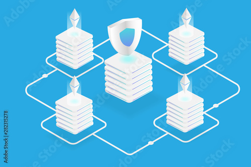 Block chain technology Landing page concept. Isometric 3d of block platform transfer data. business and financial futuristic background.