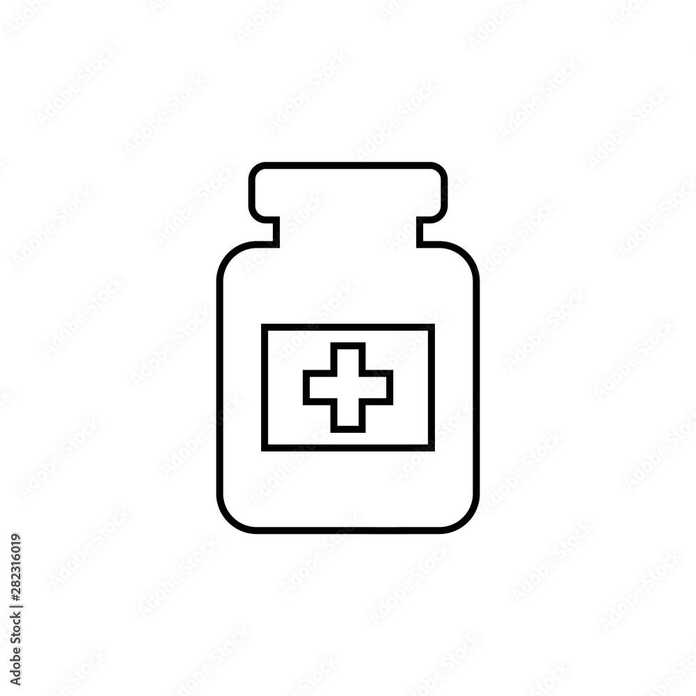 Medicine bottle with cross symbol, isolated line icon. Vector graphics, a linear pattern on a white background, eps 10. Medicine bottle with cross symbol, isolated line icon. Vector graphics, a linear pattern on a white background, eps 10.