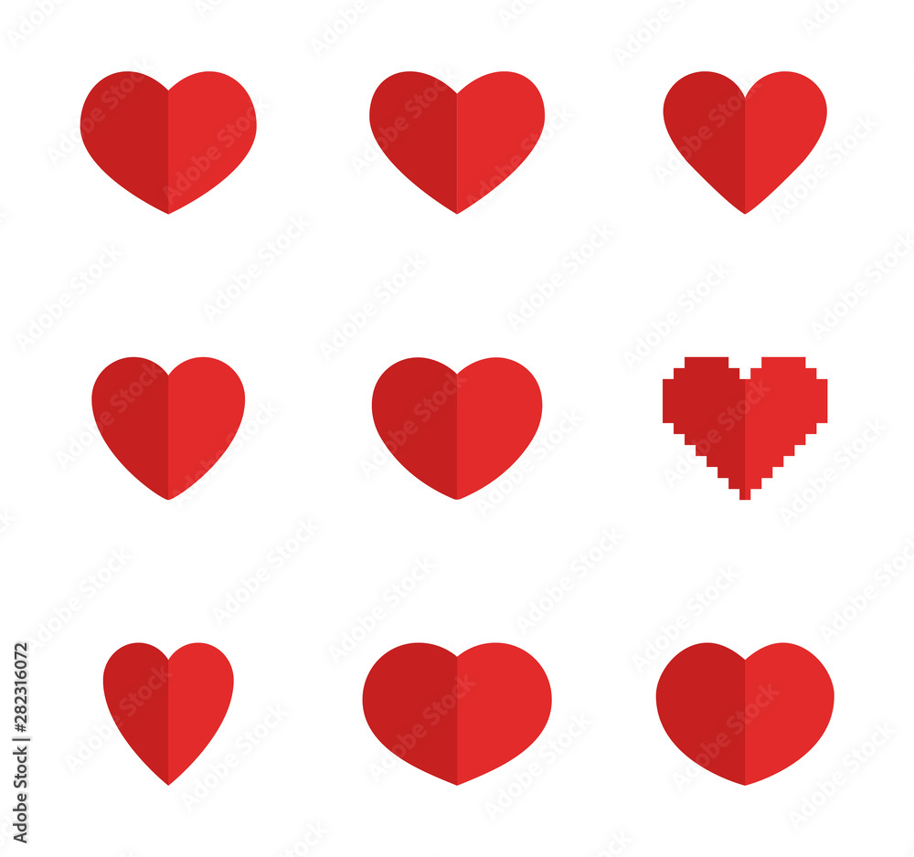 set of red vector heart symbols, heart icons in flat for valentine day