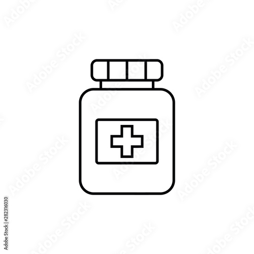 Medicine bottle with cross symbol, isolated line icon. Vector graphics, a linear pattern on a white background, eps 10.