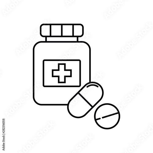 Pill bottle line icon, Medications jar outline vector logo illustration, linear pictogram isolated on white