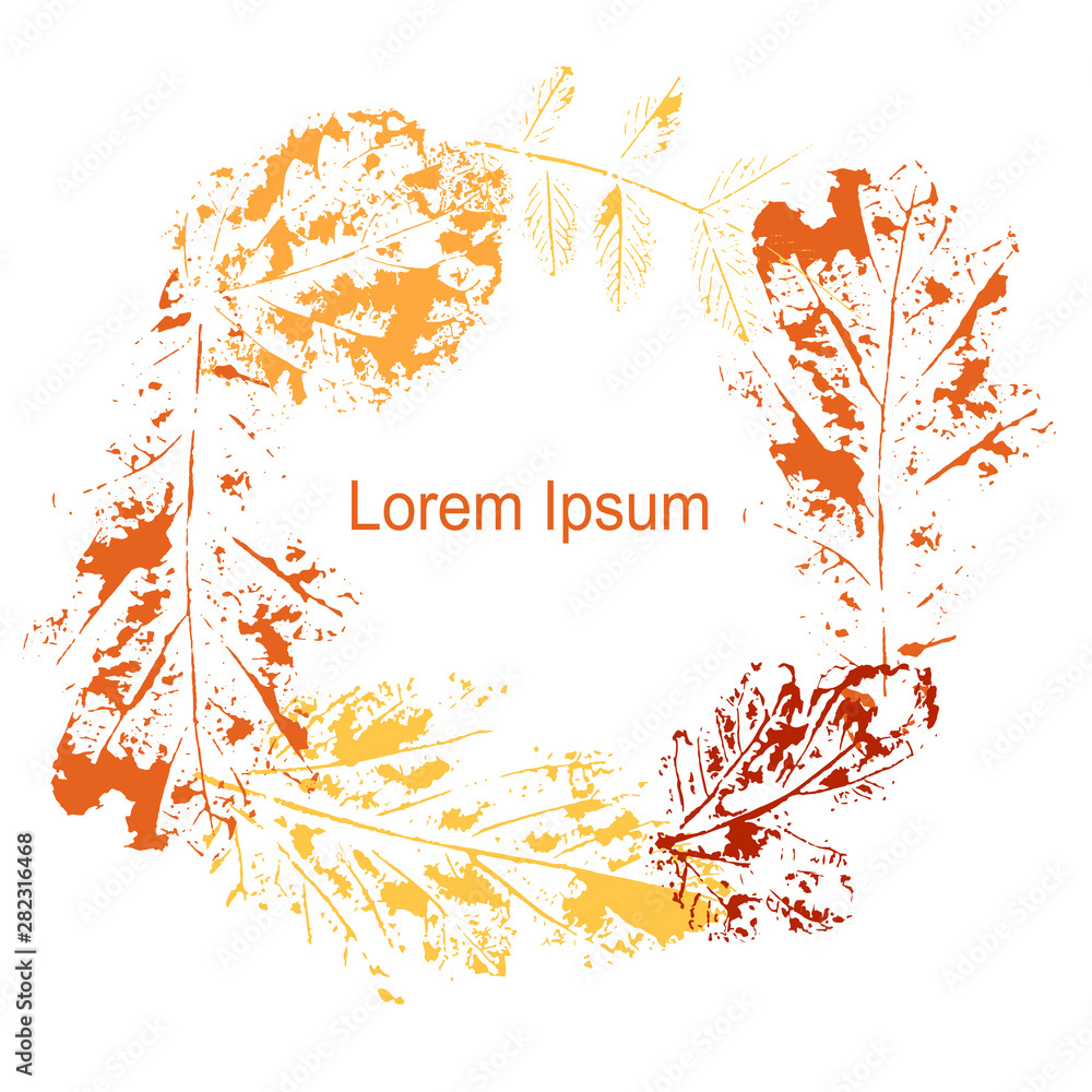 Autumn print leaves background, Lorem Ipsum. Orange yellow oak, mulberry, hazelnut vein leaves on white stock vector illustration for web, for print