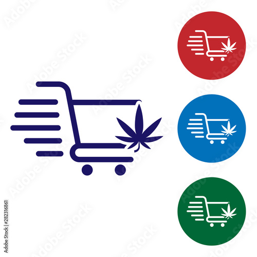 Blue Shopping cart with marijuana or cannabis leaf icon isolated on white background. Online buying. Delivery service. Supermarket basket. Set color icons in circle buttons. Vector Illustration