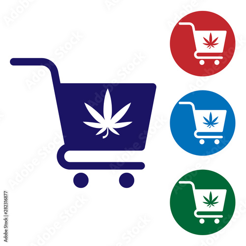 Blue Shopping cart with marijuana or cannabis leaf icon isolated on white background. Online buying. Delivery service. Supermarket basket. Set color icons in circle buttons. Vector Illustration