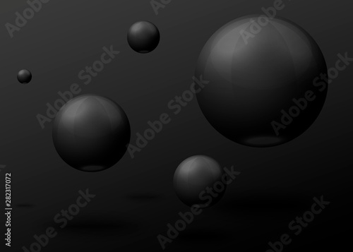 Vector 3D realistic black marble balls, flying in the air, isolated on dark background.