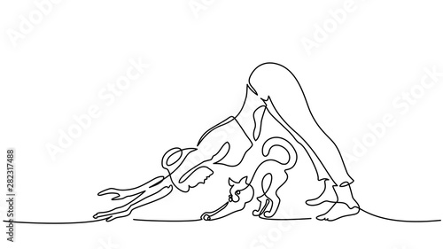One line drawing. Woman doing yoga dog pose
