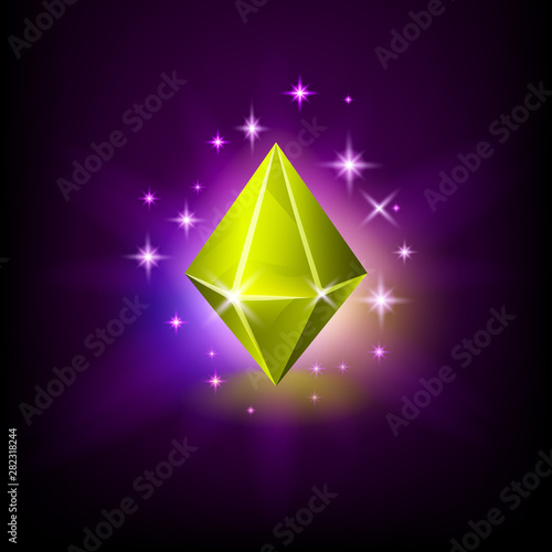 Romboid yellow shining gemstone with magical glow and stars on dark background vector illustration.