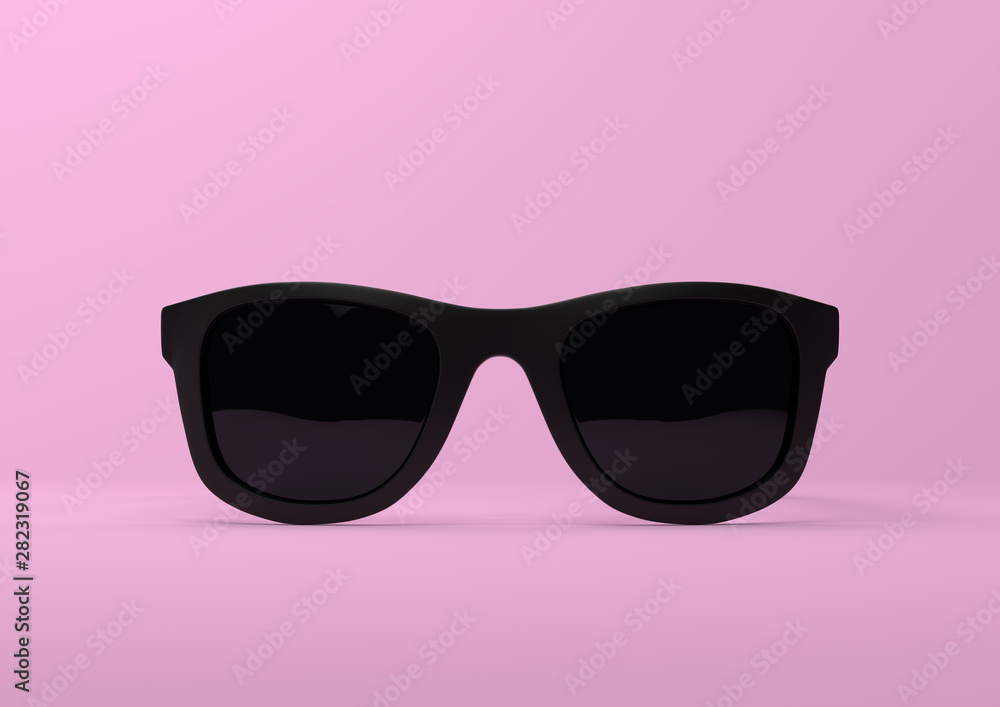 Black summer sunglasses falling down on a pastel bright pink background. Front view. Creative minimal concept. 3d rendering illustration Black summer sunglasses falling down on a pastel bright pink background. Front view. Creative minimal concept. 3d rendering illustration