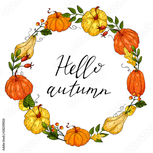 Autumn round wreath with hand drawn pumpkins, leaves and floral elements.