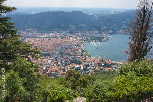 View of the city and Lake Como from the height of Brunatte village