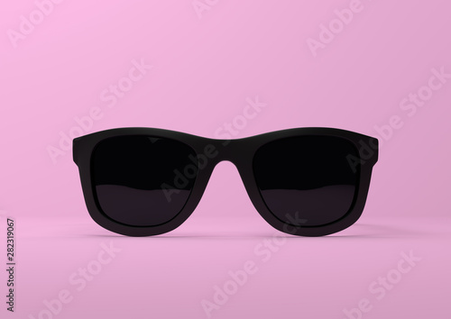 Black summer sunglasses falling down on a pastel bright pink background. Front view. Creative minimal concept. 3d rendering illustration