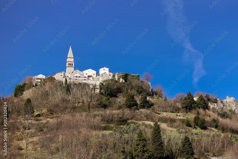 Pićan Pican Croatia Istra / 27th February 2019: View on old town Pićan and bell tower in Istra Istria