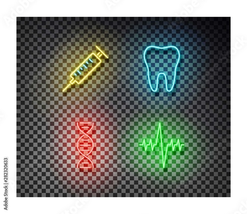 Neon syringe, tooth, dna, cardiogram signs vector isolated on on transparent background. Medicine li photo