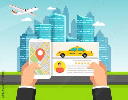 Hand holding smartphone with taxi service app on the screen. Online taxi driver card. City skyscrapers and airplane on the background. Vector illustration.
