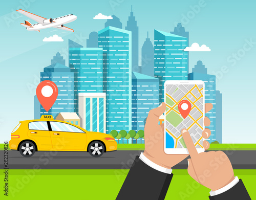 Booking taxi via mobile app. City skyscrapers, airplane and car on the background. Vector illustration.