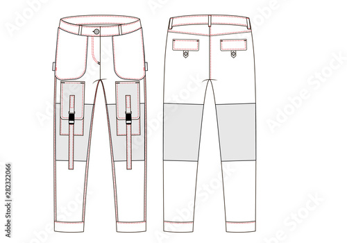 Cargo pants with large side pockets technical sketch. Front and back views - Vektorgrafik