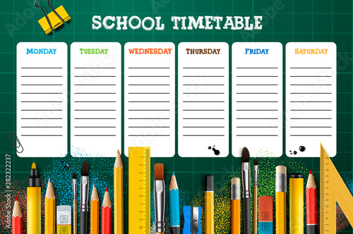 School timetable template for students or pupils. Vector Illustration.