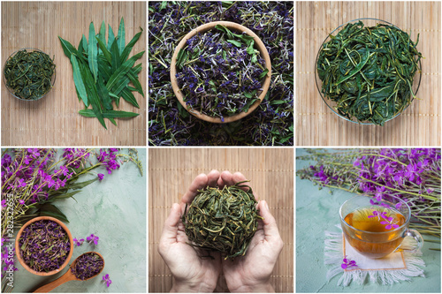 Collage with hand-cooking fermented koporye tea. photo