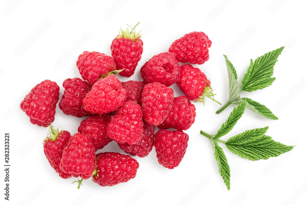 raspberries with leaves isolated on white background. Top view. Flat lay raspberries with leaves isolated on white background. Top view. Flat lay