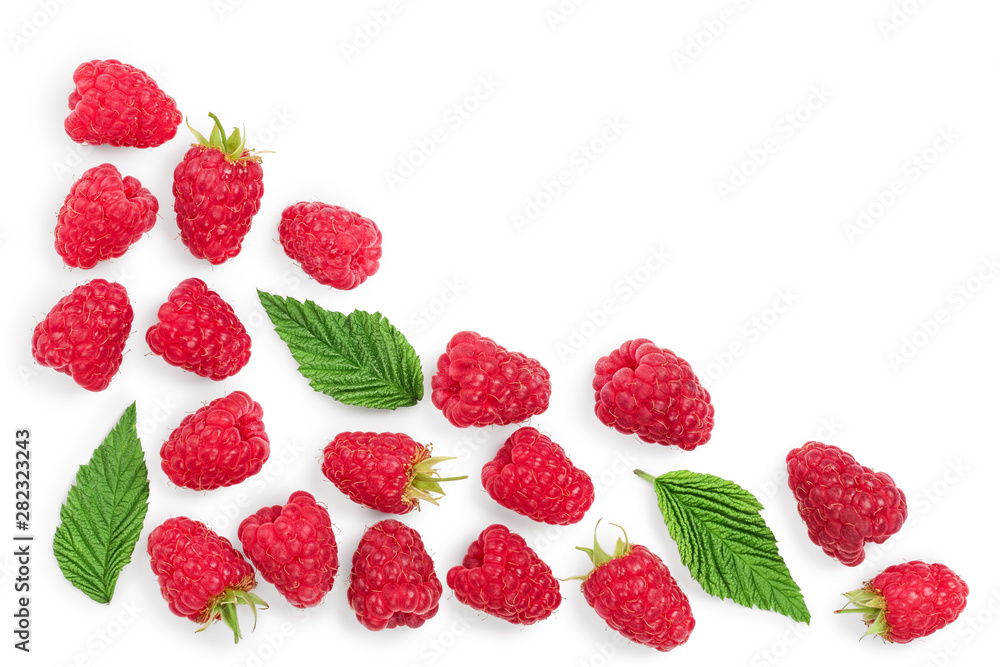 raspberries with leaves isolated on white background with copy space for your text. Top view. Flat lay pattern raspberries with leaves isolated on white background with copy space for your text. Top view. Flat lay pattern