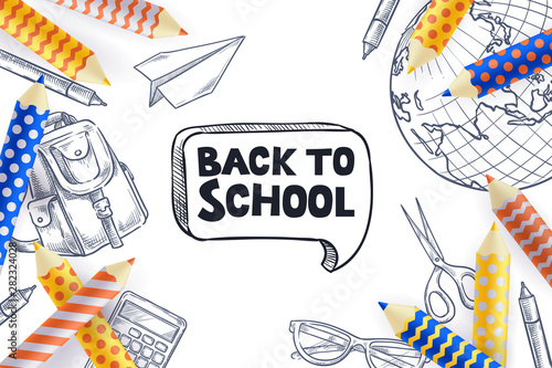 Back to school sale poster, banner design template. Vector illustration of school supplies. Creative education concept.